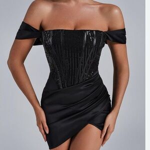 Off The Shoulder Black Sequin Mini Bodycon Cocktail/Clubbing Dress SZ Small Sexy